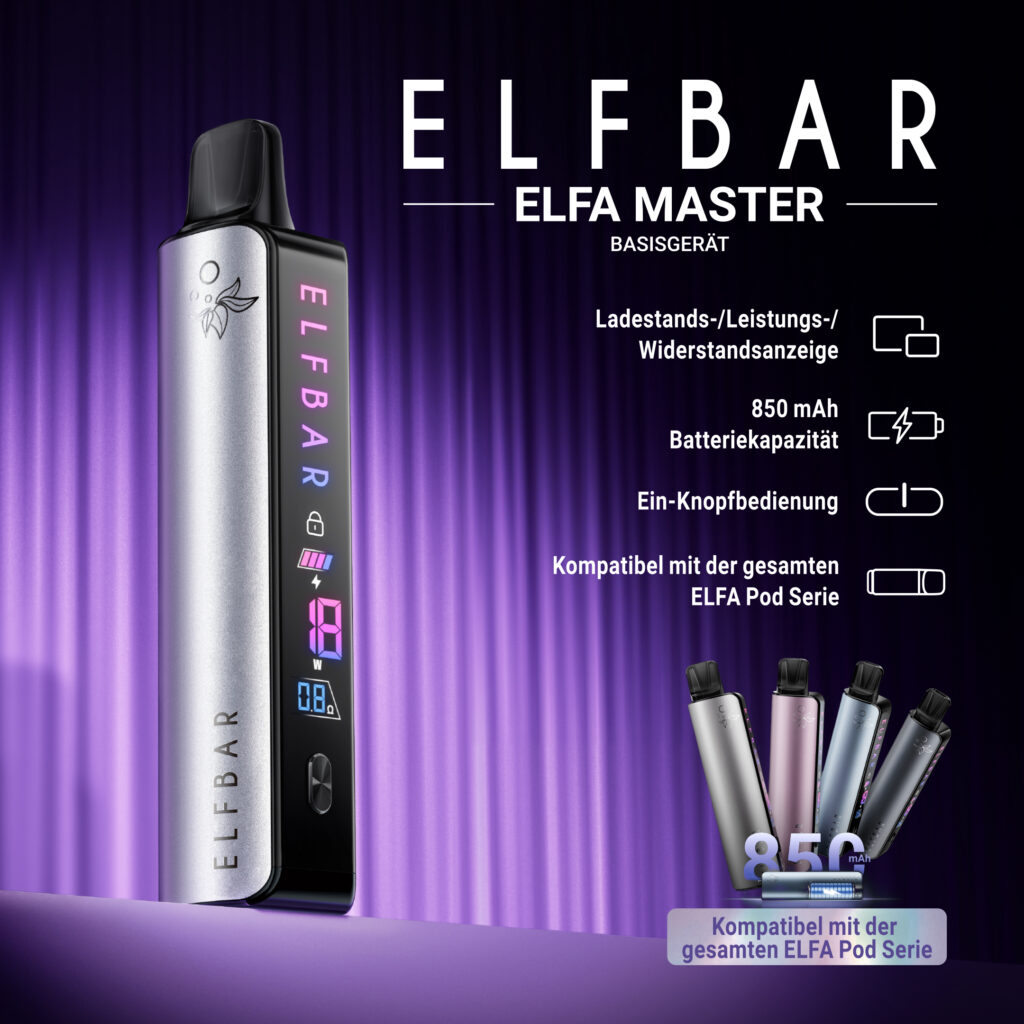Elfbar ELFA Master – Vaporizator mit 850 mAh Batterie, einstellbarer Leistung und Widerstandsanzeige, kompatibel mit der gesamten ELFA Pod-Serie, mit Ein-Knopf-Bedienung. Produktbeschreibung und Varianten.