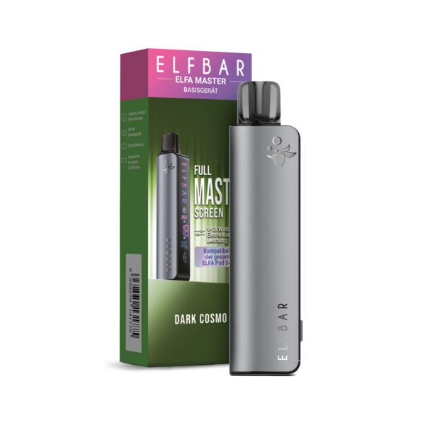 Elfbar ELFA Master Dark Cosmo – Vaporizator mit einstellbarer Leistung (9-18 Watt), kompatibel mit der gesamten ELFA Pod-Serie, silber-graues Design, Verpackung und Produktansicht.
