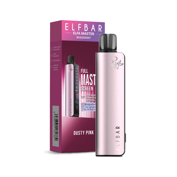 Elfbar ELFA Master Dusty Pink – Vaporizator mit einstellbarer Leistung (9-18 Watt), kompatibel mit der gesamten ELFA Pod-Serie, roséfarbenes Design, Verpackung und Produktansicht.