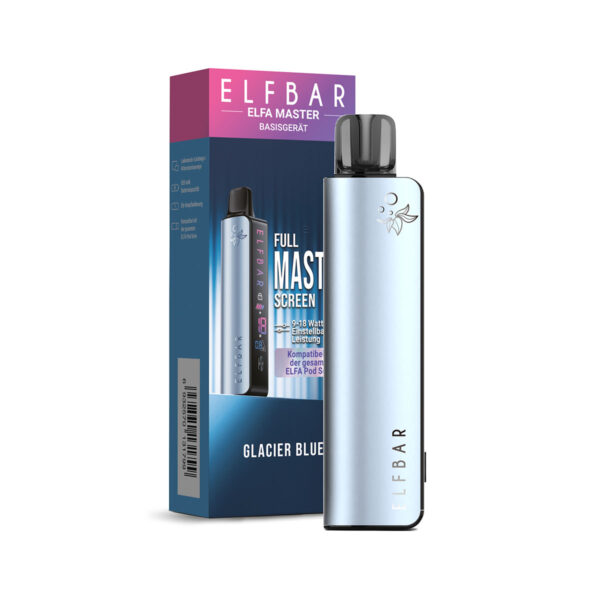 Elfbar ELFA Master Glacier Blue – Vaporizator mit einstellbarer Leistung (9-18 Watt), kompatibel mit der gesamten ELFA Pod-Serie, blauschimmerndes Design, Verpackung und Produktansicht.