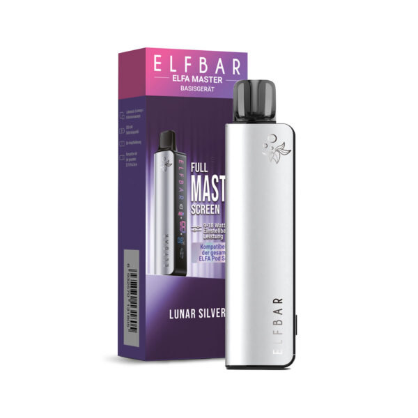 Elfbar ELFA Master Lunar Silver – Vaporizator mit einstellbarer Leistung (9-18 Watt), kompatibel mit der gesamten ELFA Pod-Serie, silbernes Design, Verpackung und Produktansicht.
